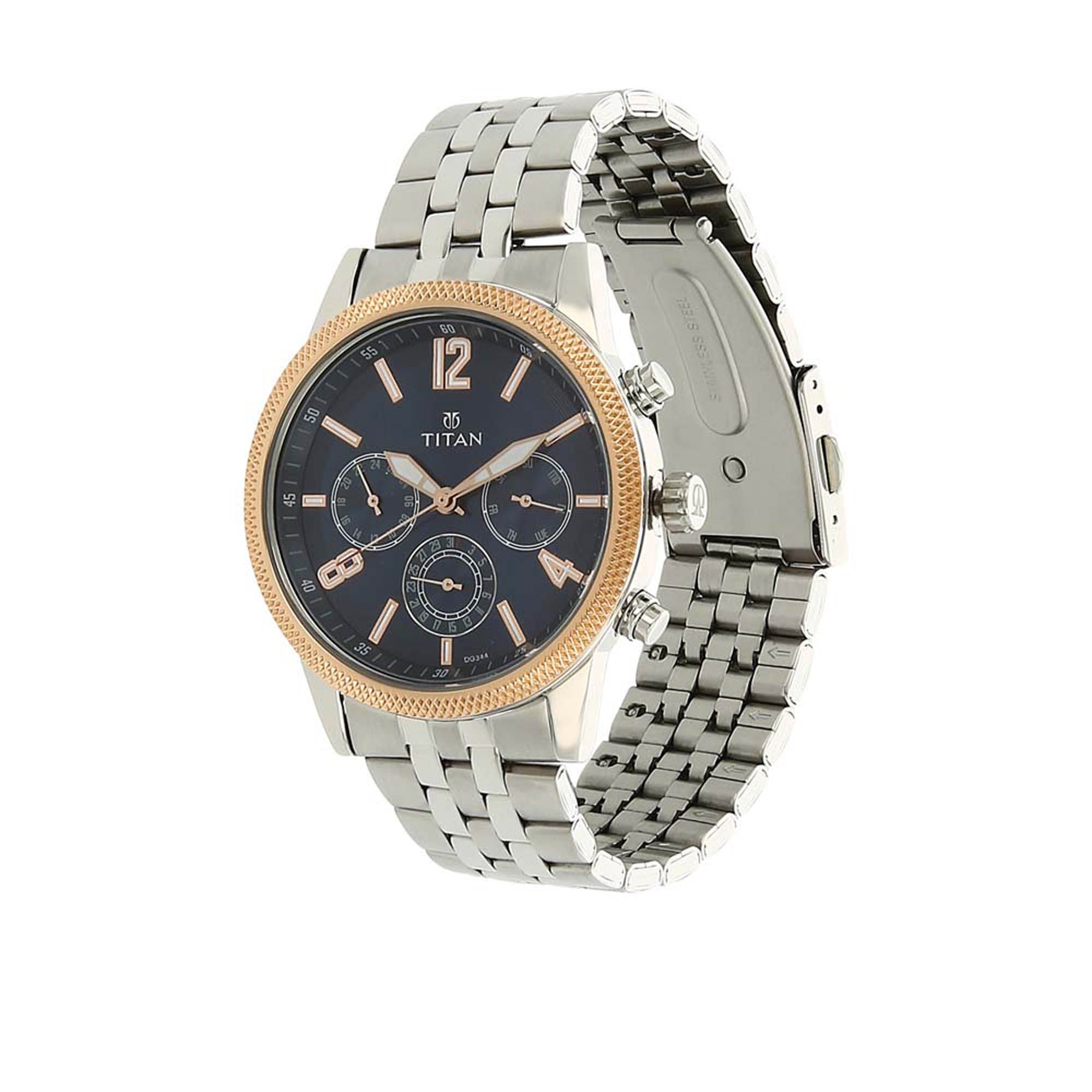 Titan Quartz Multifunction Blue Dial Stainless Steel Strap Watch for Men-PEROZ Accessories