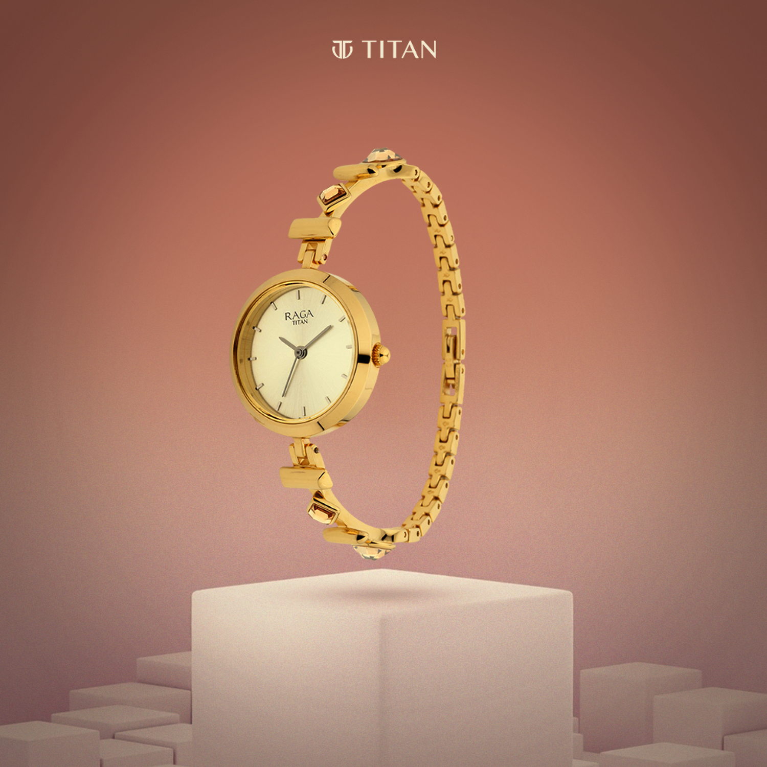 Titan Raga Facets Champagne Dial Analog Stainless Steel Strap Watch for Women-PEROZ Accessories