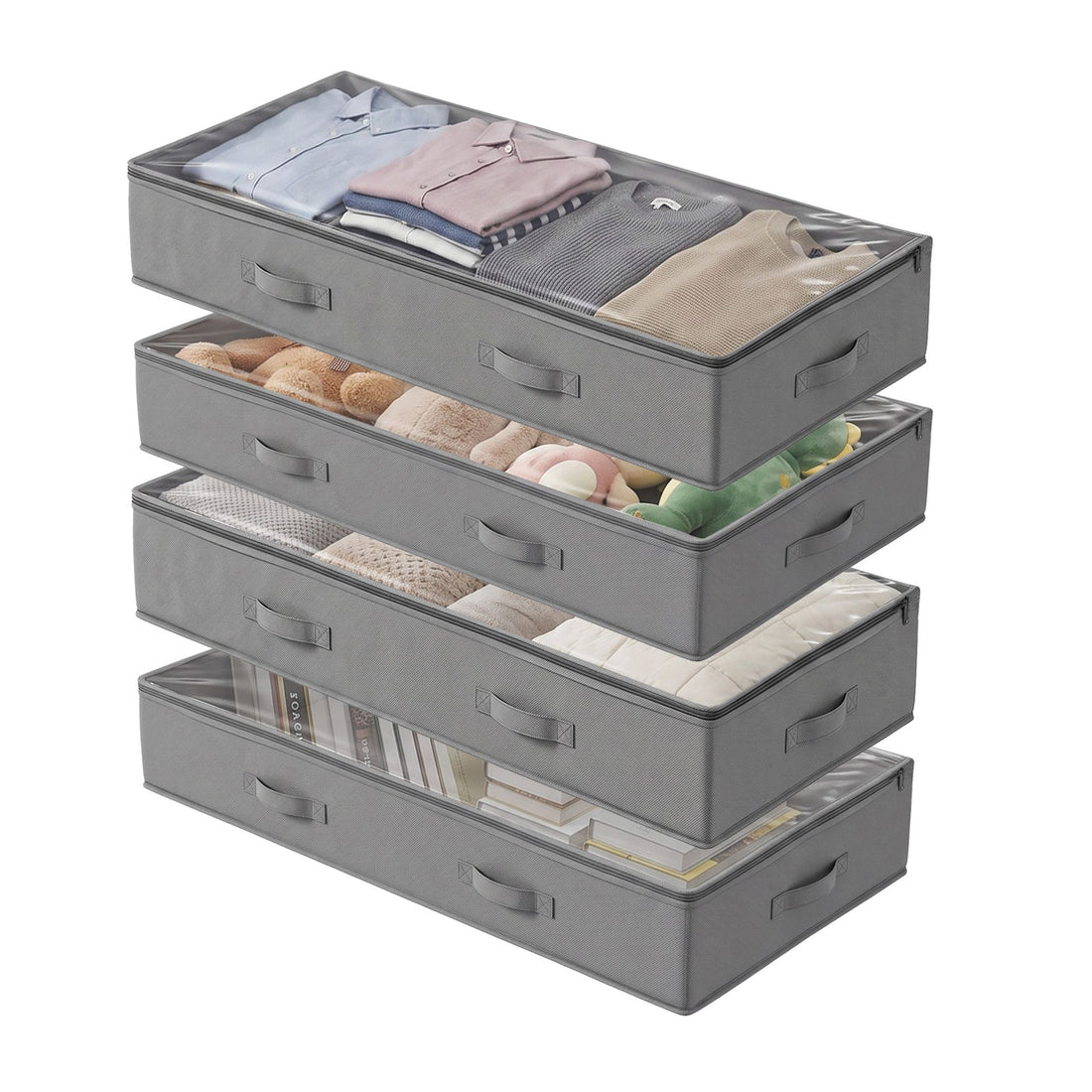 Artiss Under Bed Storage Containers X4 90L Boxes Organiser Clear Top Fabric Grey-Home &amp; Garden > Storage > Clothing &amp; Wardrobe Storage-PEROZ Accessories