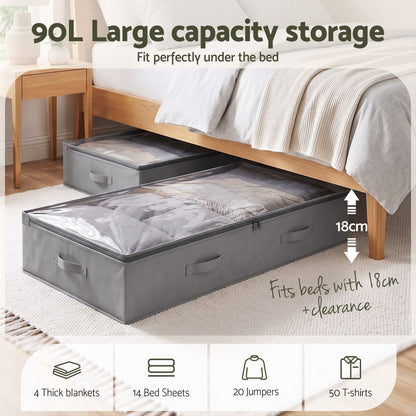 Artiss Under Bed Storage Containers X4 90L Boxes Organiser Clear Top Fabric Grey