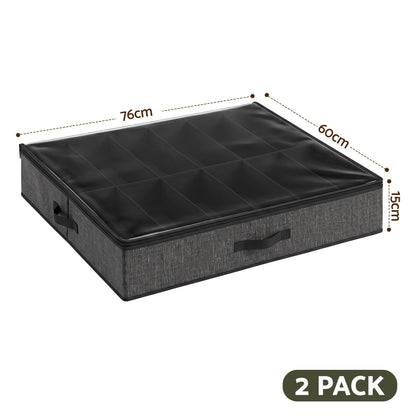 Artiss Under Bed Shoe Storage Containers X2 Box Organiser 12 Pairs Fabric Grey