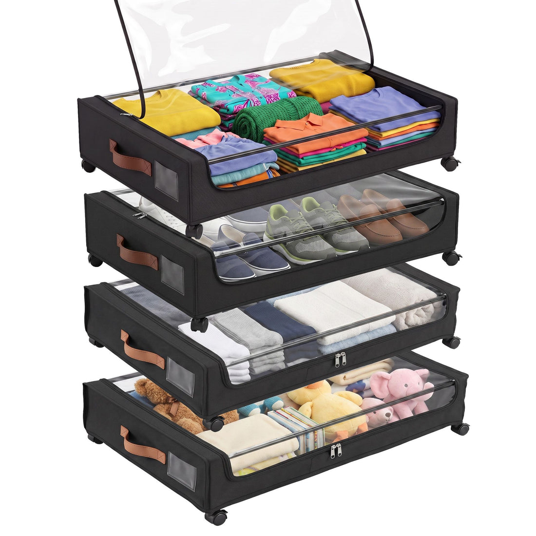 Artiss 4X Under Bed Storage Containers 48L Clothes Organiser Wheels Oxford Black-Home &amp; Garden > Storage > Clothing &amp; Wardrobe Storage-PEROZ Accessories