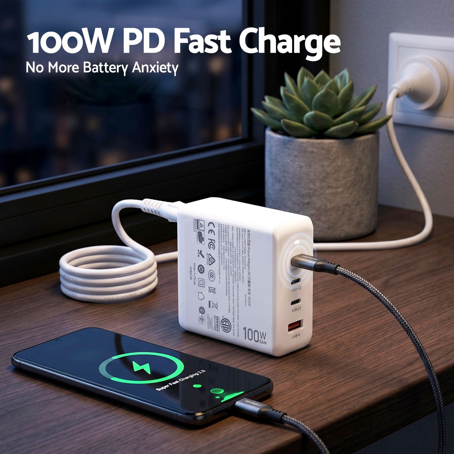 Devanti USB C Charger 100W Fast Charger 4 Port GaN Desktop Station White-Electronics > Battery Chargers &amp; Power > Power Banks &amp; Chargers-PEROZ Accessories