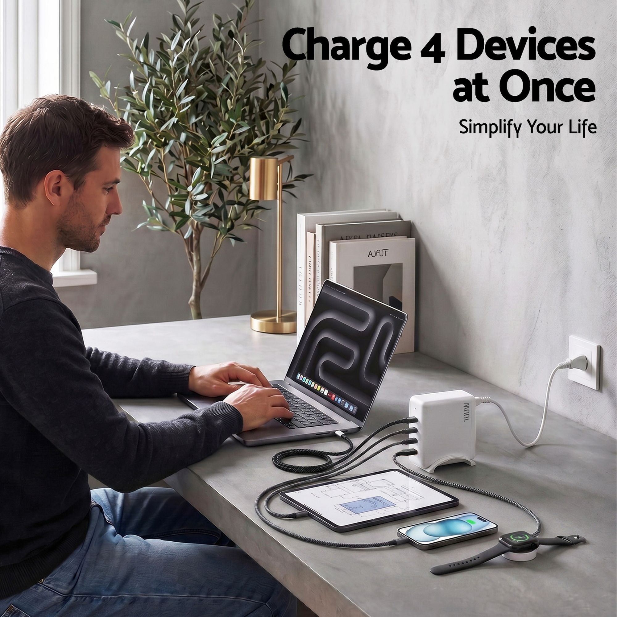 Devanti USB C Charger 100W Fast Charger 4 Port GaN Desktop Station White-Electronics > Battery Chargers &amp; Power > Power Banks &amp; Chargers-PEROZ Accessories