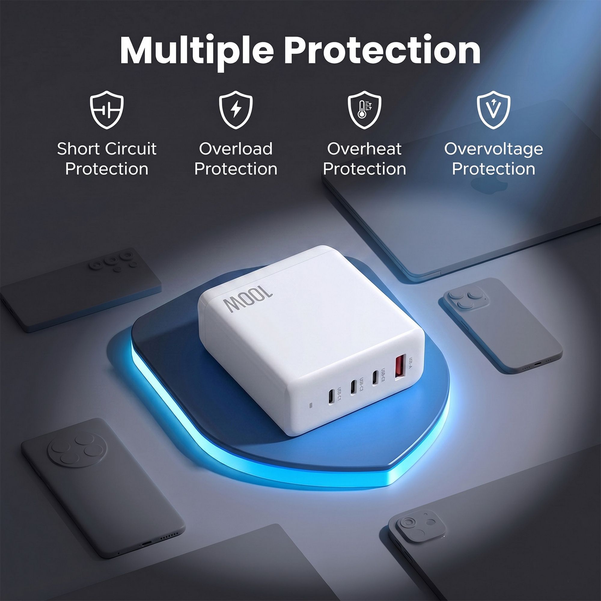 Devanti USB C Charger 100W Fast Charger 4 Port GaN Desktop Station White-Electronics > Battery Chargers &amp; Power > Power Banks &amp; Chargers-PEROZ Accessories