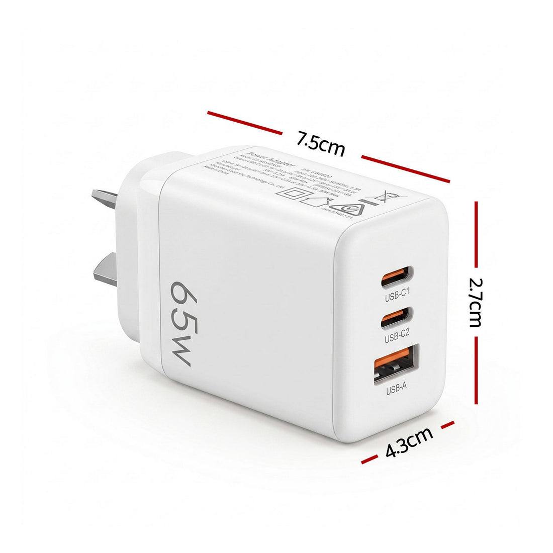 Devanti USB C Charger 65W Fast Charger 3 Port PD Wall Adapter White-Electronics > Battery Chargers &amp; Power > Power Banks &amp; Chargers-PEROZ Accessories