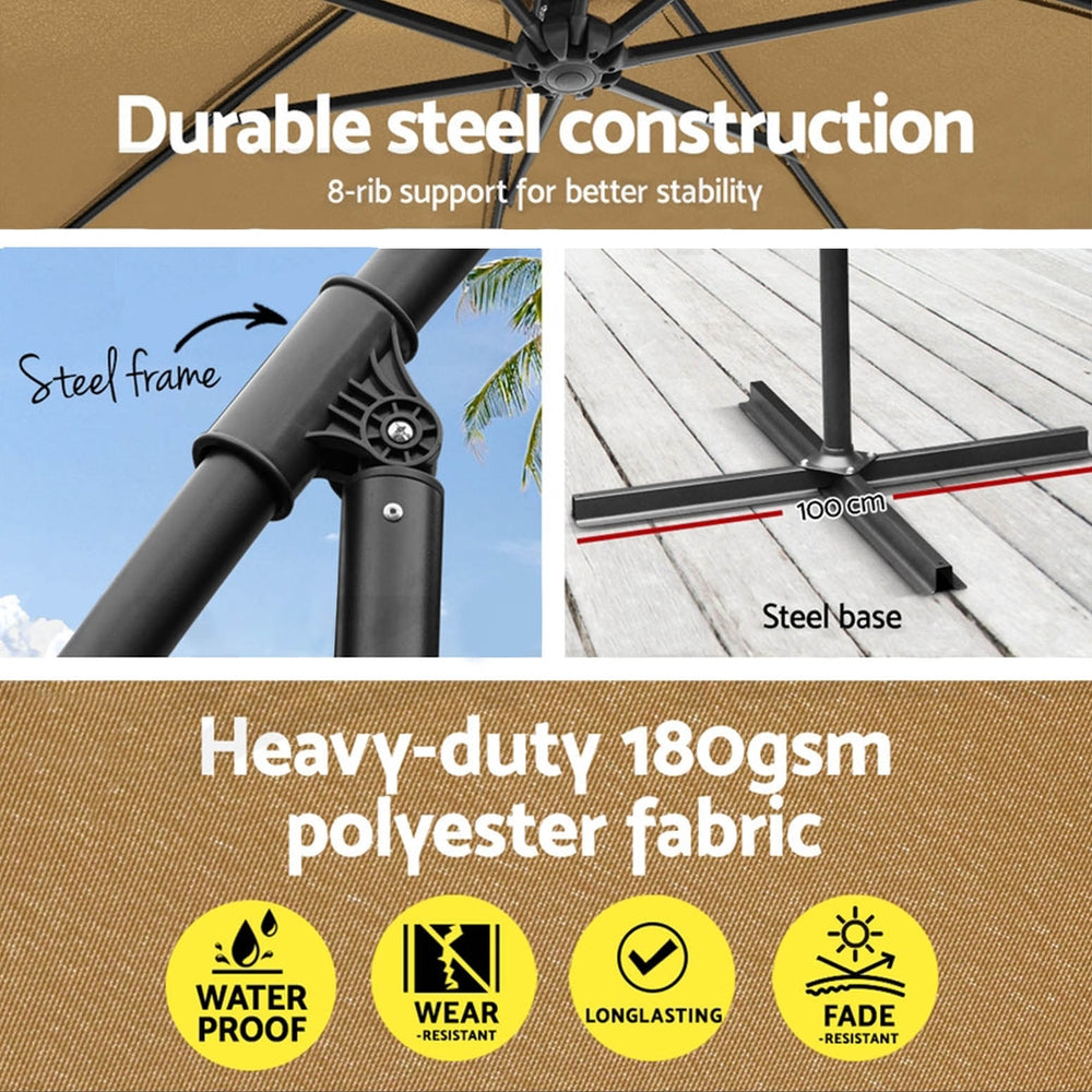 Instahut 3m Umbrella w/Base Outdoor Cantilever Beach Garden Patio Parasol Beige-Home &amp; Garden &gt; Shading &gt; Umbrellas &amp; Sunshades-PEROZ Accessories