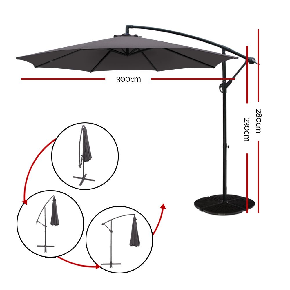 Instahut 3m Outdoor Umbrella Cantilever Beach Garden Patio Charcoal-Outdoor Umbrellas-PEROZ Accessories