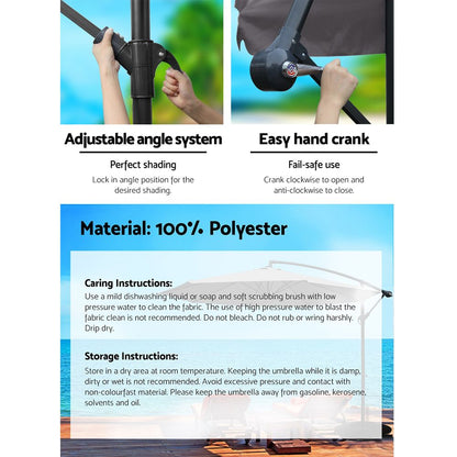 Instahut 3m Outdoor Umbrella Cantilever Beach Garden Patio Charcoal-Outdoor Umbrellas-PEROZ Accessories