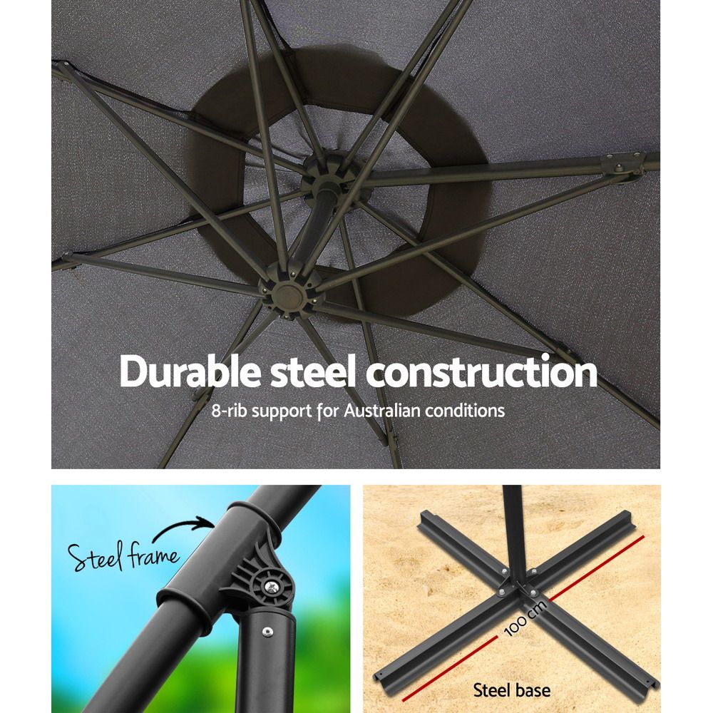 Instahut 3m Outdoor Umbrella Cantilever Beach Garden Patio Charcoal-Outdoor Umbrellas-PEROZ Accessories