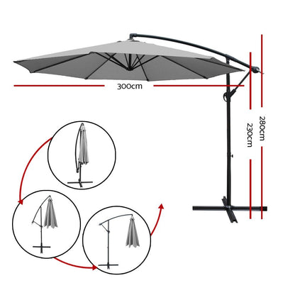Instahut 3m Outdoor Umbrella Cantilever Beach Garden Patio Grey-Outdoor Umbrellas-PEROZ Accessories