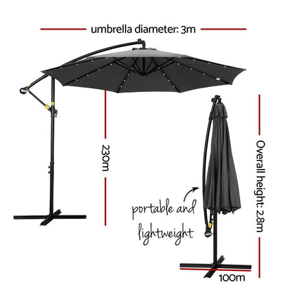 Instahut Outdoor Umbrella 3M Cantilever Beach LED Garden Shade Patio Charcoal-Outdoor Umbrellas-PEROZ Accessories