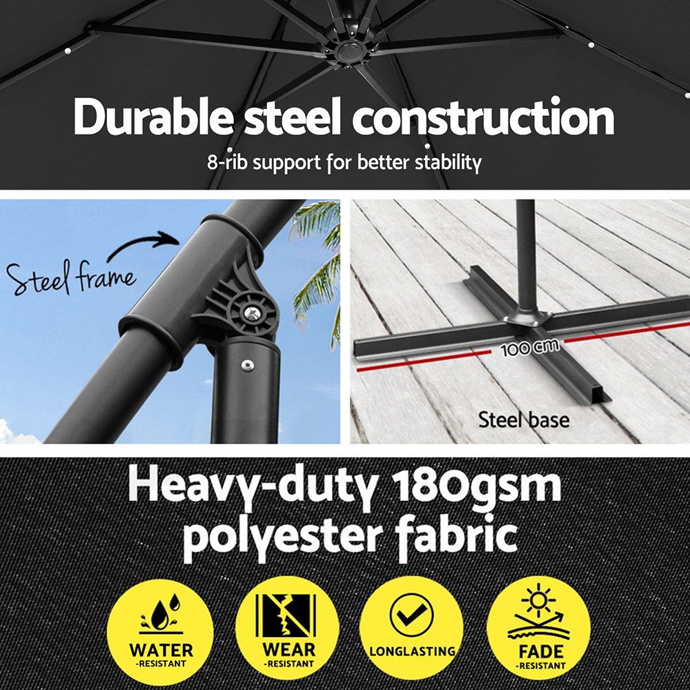 Instahut Outdoor Umbrella 3M Cantilever Beach LED Garden Shade Patio Charcoal-Outdoor Umbrellas-PEROZ Accessories