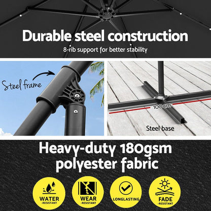 Instahut Outdoor Umbrella 3M Cantilever Beach LED Garden Shade Patio Charcoal-Outdoor Umbrellas-PEROZ Accessories
