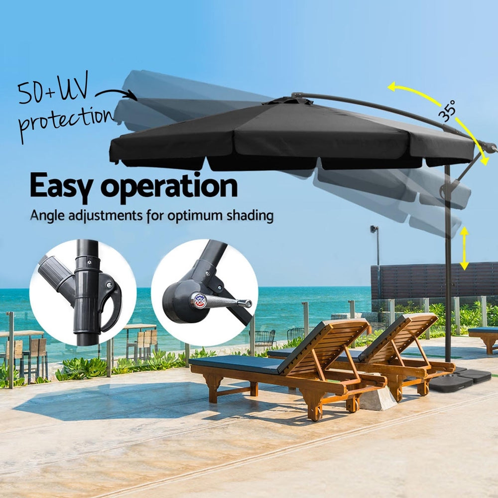 Instahut 3m Outdoor Umbrella w/Base Cantilever Garden Beach Patio Black-Home &amp; Garden &gt; Shading &gt; Umbrellas &amp; Sunshades-PEROZ Accessories