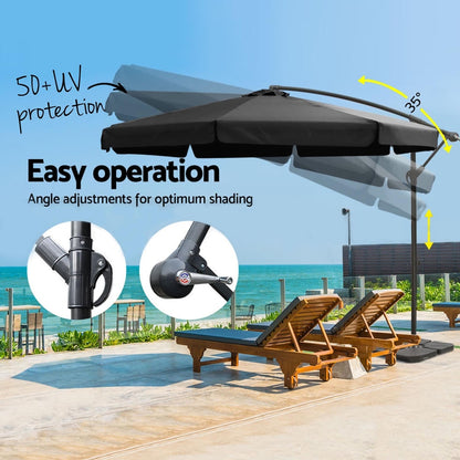 Instahut 3m Outdoor Umbrella w/Base Cantilever Garden Beach Patio Black-Home &amp; Garden &gt; Shading &gt; Umbrellas &amp; Sunshades-PEROZ Accessories