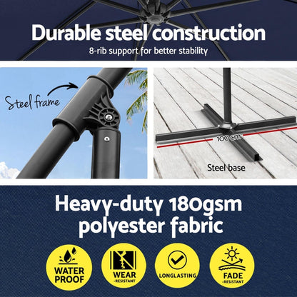 Instahut 3m Outdoor Umbrella w/Base Cantilever Garden Beach Patio Navy-Home &amp; Garden &gt; Shading &gt; Umbrellas &amp; Sunshades-PEROZ Accessories