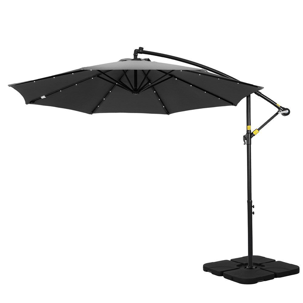 Instahut Outdoor Umbrella 3M Cantilever Beach LED Base Garden Sun Patio Charcoal-Home &amp; Garden &gt; Shading &gt; Umbrellas &amp; Sunshades-PEROZ Accessories