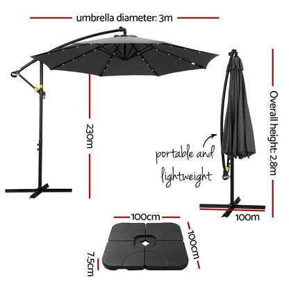 Instahut Outdoor Umbrella 3M Cantilever Beach LED Base Garden Sun Patio Charcoal-Home &amp; Garden &gt; Shading &gt; Umbrellas &amp; Sunshades-PEROZ Accessories
