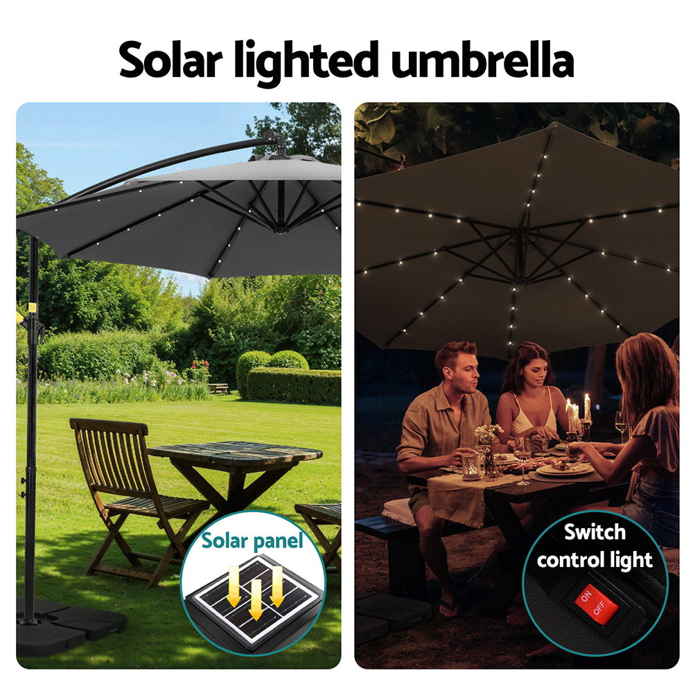 Instahut Outdoor Umbrella 3M Cantilever Beach LED Base Garden Sun Patio Charcoal-Home &amp; Garden &gt; Shading &gt; Umbrellas &amp; Sunshades-PEROZ Accessories