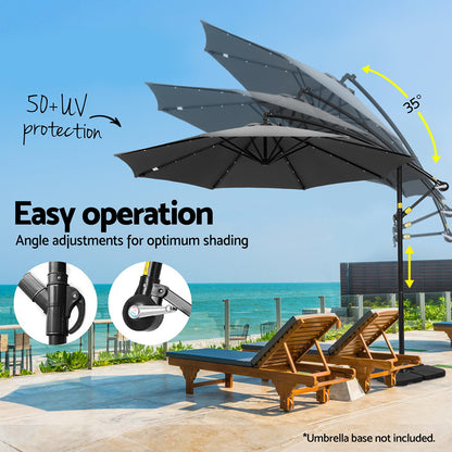 Instahut Outdoor Umbrella 3M Cantilever Beach LED Base Garden Sun Patio Charcoal-Home &amp; Garden &gt; Shading &gt; Umbrellas &amp; Sunshades-PEROZ Accessories