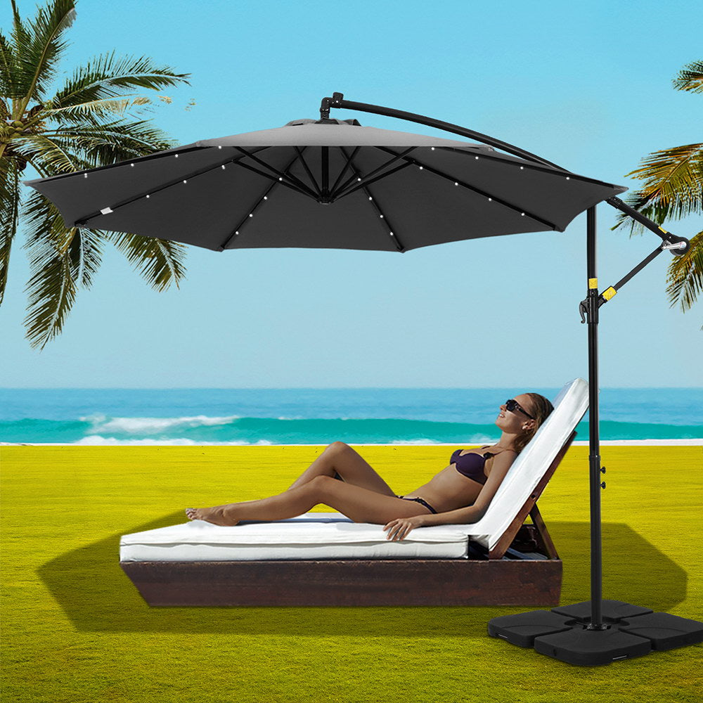 Instahut Outdoor Umbrella 3M Cantilever Beach LED Base Garden Sun Patio Charcoal-Home &amp; Garden &gt; Shading &gt; Umbrellas &amp; Sunshades-PEROZ Accessories