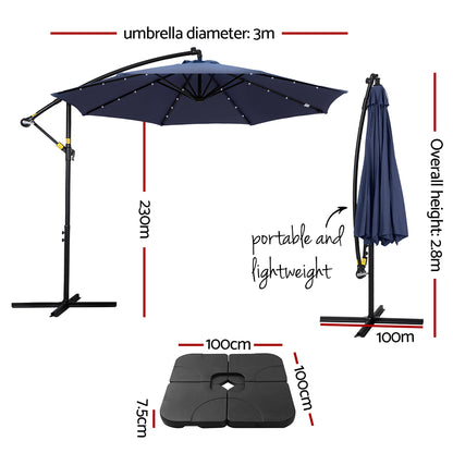 Instahut Outdoor Umbrella 3M Cantilever Beach LED w/Base Garden Shade Patio Navy-Home &amp; Garden &gt; Shading &gt; Umbrellas &amp; Sunshades-PEROZ Accessories