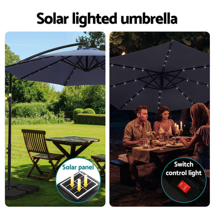 Instahut Outdoor Umbrella 3M Cantilever Beach LED w/Base Garden Shade Patio Navy-Home &amp; Garden &gt; Shading &gt; Umbrellas &amp; Sunshades-PEROZ Accessories