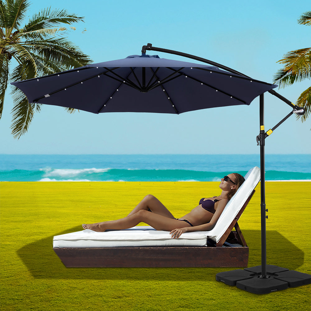 Instahut Outdoor Umbrella 3M Cantilever Beach LED w/Base Garden Shade Patio Navy-Home &amp; Garden &gt; Shading &gt; Umbrellas &amp; Sunshades-PEROZ Accessories