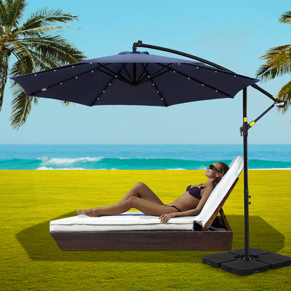 Instahut Outdoor Umbrella 3M Cantilever Beach LED w/Base Garden Shade Patio Navy-Home &amp; Garden &gt; Shading &gt; Umbrellas &amp; Sunshades-PEROZ Accessories