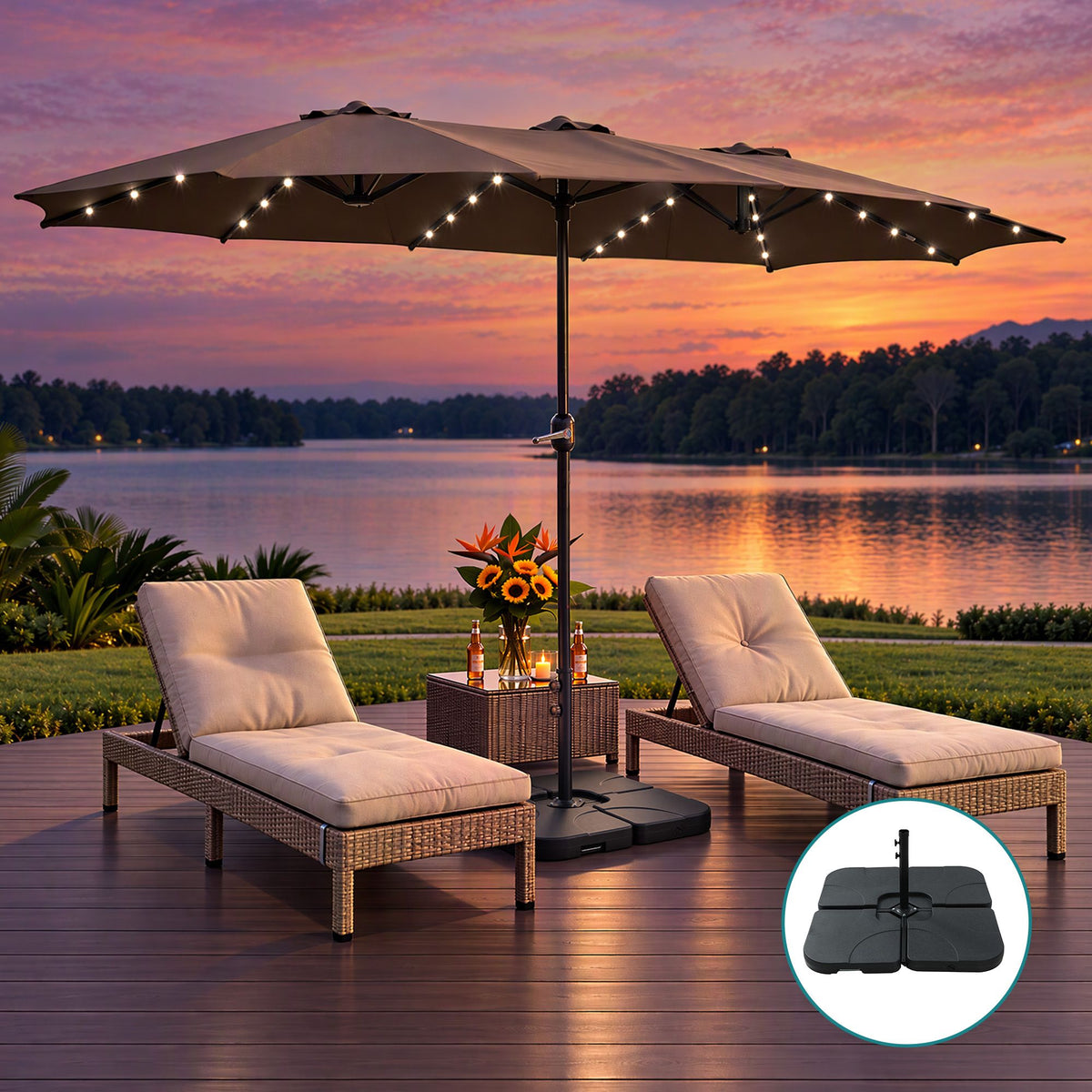 Instahut Outdoor Umbrella w/Base 4.57m Solar 48 LED Double-Sided Patio Parasol Brown-Home &amp; Garden > Shading > Umbrellas &amp; Sunshades-PEROZ Accessories