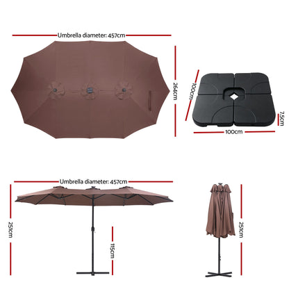 Instahut Outdoor Umbrella w/Base 4.57m Solar 48 LED Double-Sided Patio Parasol Brown-Home &amp; Garden > Shading > Umbrellas &amp; Sunshades-PEROZ Accessories