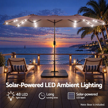 Instahut Outdoor Umbrella w/Base 4.57m Solar 48 LED Double-Sided Patio Parasol Brown-Home &amp; Garden > Shading > Umbrellas &amp; Sunshades-PEROZ Accessories