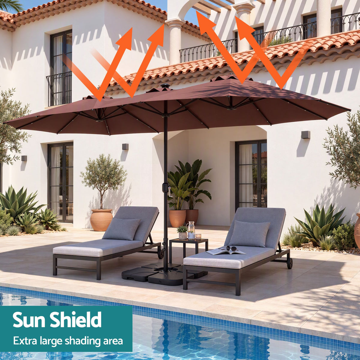 Instahut Outdoor Umbrella w/Base 4.57m Solar 48 LED Double-Sided Patio Parasol Brown-Home &amp; Garden > Shading > Umbrellas &amp; Sunshades-PEROZ Accessories