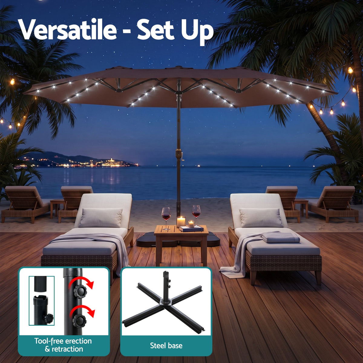 Instahut Outdoor Umbrella w/Base 4.57m Solar 48 LED Double-Sided Patio Parasol Brown-Home &amp; Garden > Shading > Umbrellas &amp; Sunshades-PEROZ Accessories