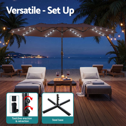 Instahut Outdoor Umbrella w/Base 4.57m Solar 48 LED Double-Sided Patio Parasol Brown-Home &amp; Garden > Shading > Umbrellas &amp; Sunshades-PEROZ Accessories