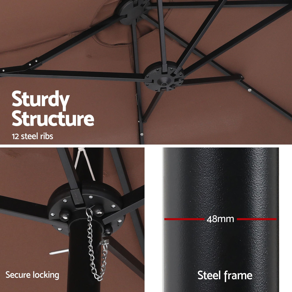 Instahut Outdoor Umbrella w/Base 4.57m Solar 48 LED Double-Sided Patio Parasol Brown-Home &amp; Garden > Shading > Umbrellas &amp; Sunshades-PEROZ Accessories