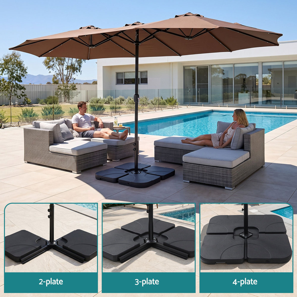 Instahut Outdoor Umbrella w/Base 4.57m Solar 48 LED Double-Sided Patio Parasol Brown-Home &amp; Garden > Shading > Umbrellas &amp; Sunshades-PEROZ Accessories