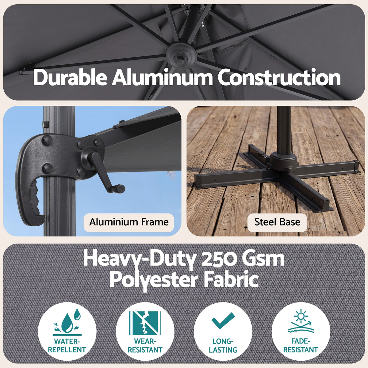 Instahut Outdoor Umbrella w/Base 3m Cantilever Stand Sun Roma 360 Degree Charcoal-Home &amp; Garden > Shading > Umbrellas &amp; Sunshades-PEROZ Accessories