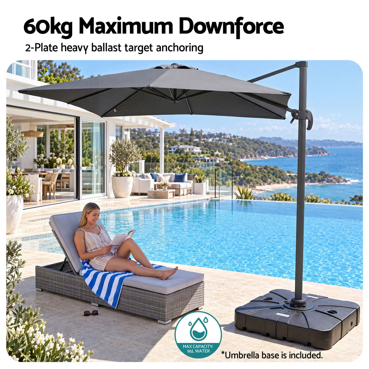 Instahut Outdoor Umbrella w/Base 3m Cantilever Stand Sun Roma 360 Degree Charcoal-Home &amp; Garden > Shading > Umbrellas &amp; Sunshades-PEROZ Accessories