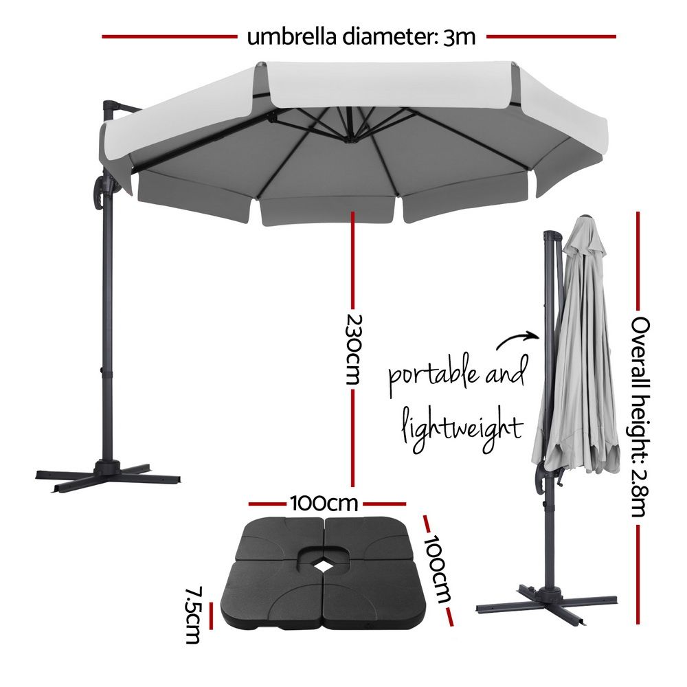 Instahut 3m Outdoor Umbrella w/Base Cantilever Beach Roma 360 Degree Tilt Grey-Outdoor Umbrellas-PEROZ Accessories