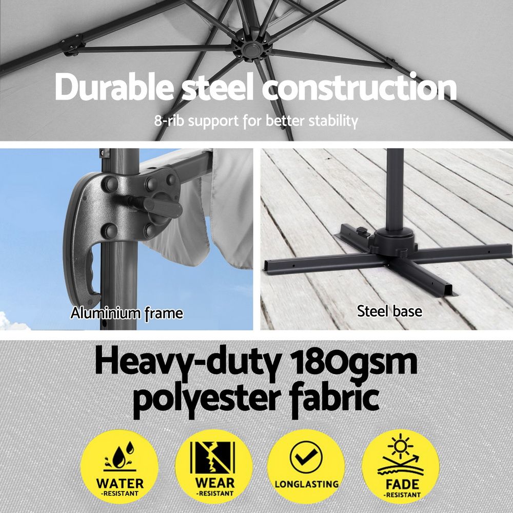 Instahut 3m Outdoor Umbrella w/Base Cantilever Beach Roma 360 Degree Tilt Grey-Outdoor Umbrellas-PEROZ Accessories