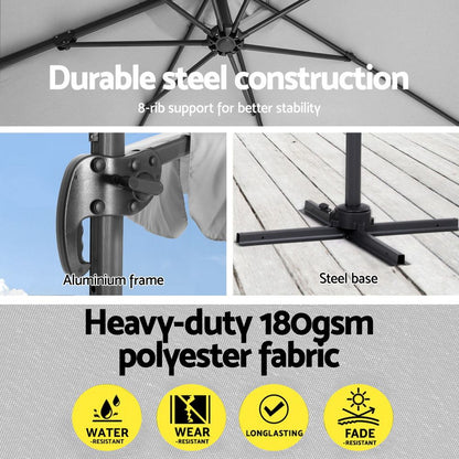 Instahut 3m Outdoor Umbrella w/Base Cantilever Beach Roma 360 Degree Tilt Grey-Outdoor Umbrellas-PEROZ Accessories