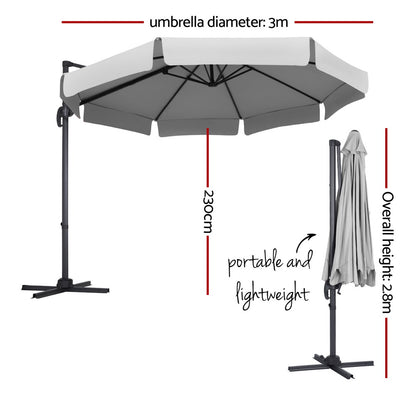 Instahut 3m Outdoor Umbrella Cantilever 360 Degree Tilt Beach Roma Grey-Home &amp; Garden &gt; Shading &gt; Umbrellas &amp; Sunshades-PEROZ Accessories