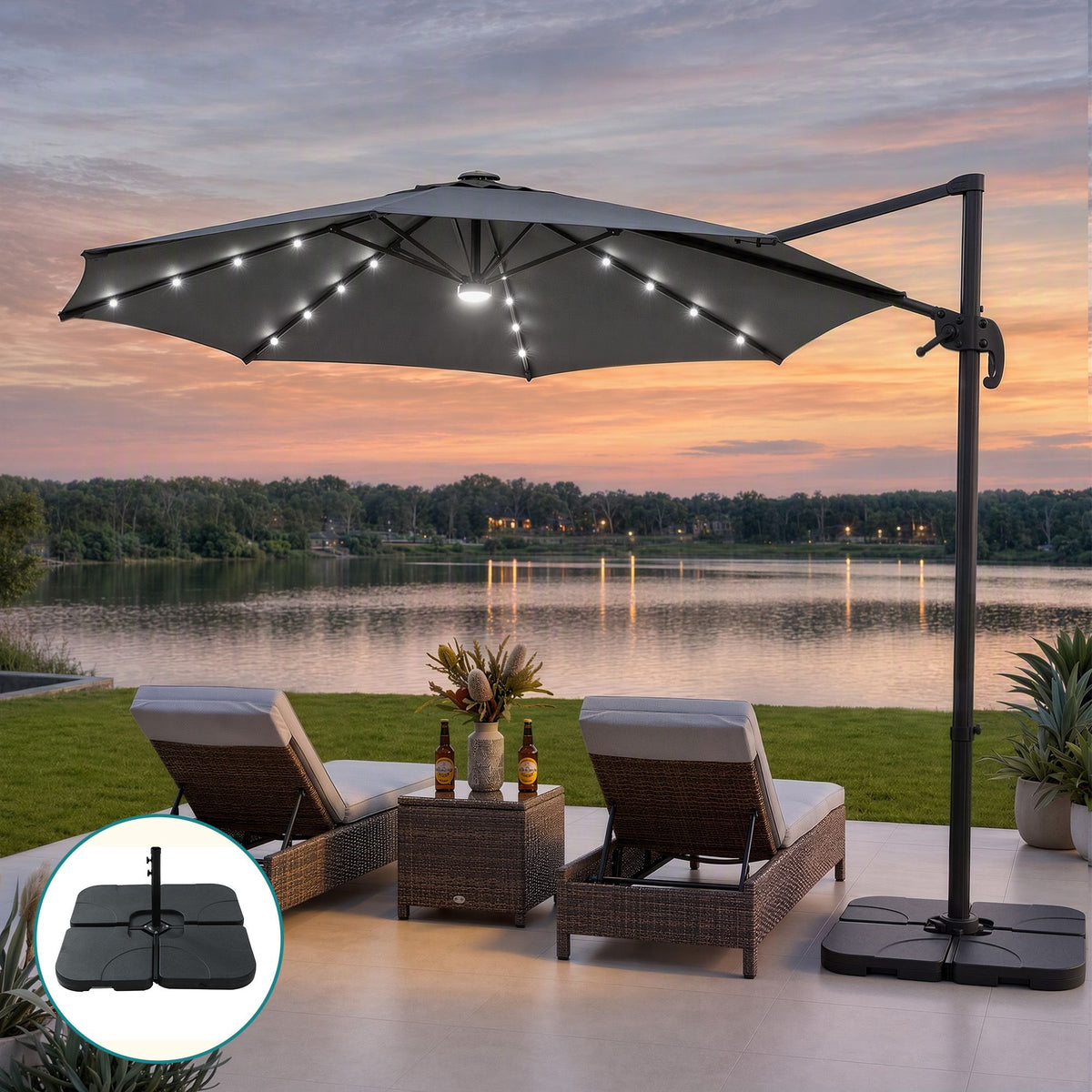 Instahut Outdoor Umbrella w/Base 3m Solar LED Offset Cantilever Patio Parasol Charcoal-Home &amp; Garden > Shading > Umbrellas &amp; Sunshades-PEROZ Accessories