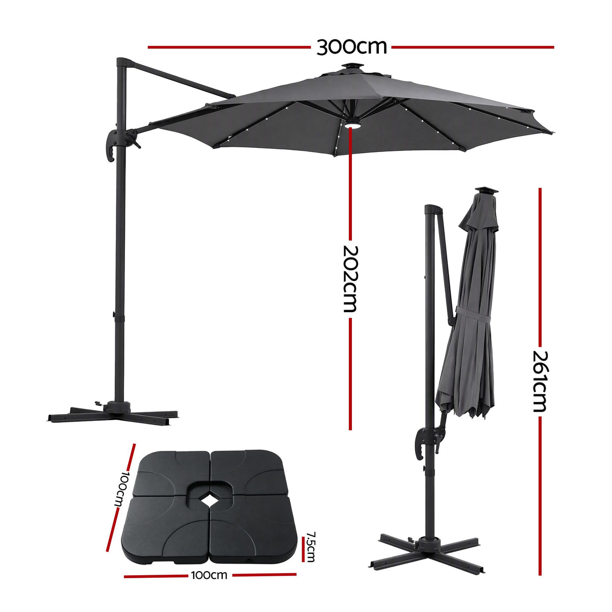 Instahut Outdoor Umbrella w/Base 3m Solar LED Offset Cantilever Patio Parasol Charcoal-Home &amp; Garden > Shading > Umbrellas &amp; Sunshades-PEROZ Accessories