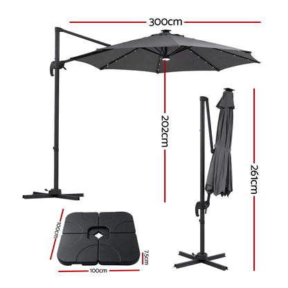 Instahut Outdoor Umbrella w/Base 3m Solar LED Offset Cantilever Patio Parasol Charcoal-Home &amp; Garden > Shading > Umbrellas &amp; Sunshades-PEROZ Accessories