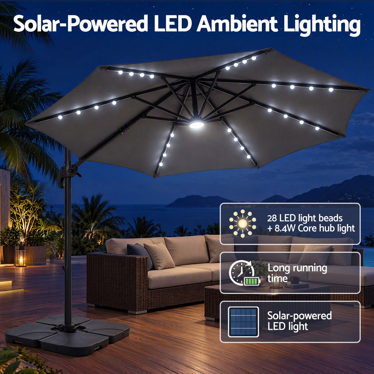 Instahut Outdoor Umbrella w/Base 3m Solar LED Offset Cantilever Patio Parasol Charcoal-Home &amp; Garden > Shading > Umbrellas &amp; Sunshades-PEROZ Accessories