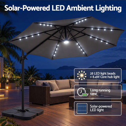 Instahut Outdoor Umbrella w/Base 3m Solar LED Offset Cantilever Patio Parasol Charcoal-Home &amp; Garden > Shading > Umbrellas &amp; Sunshades-PEROZ Accessories