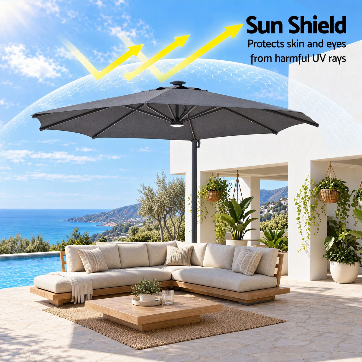 Instahut Outdoor Umbrella w/Base 3m Solar LED Offset Cantilever Patio Parasol Charcoal-Home &amp; Garden > Shading > Umbrellas &amp; Sunshades-PEROZ Accessories